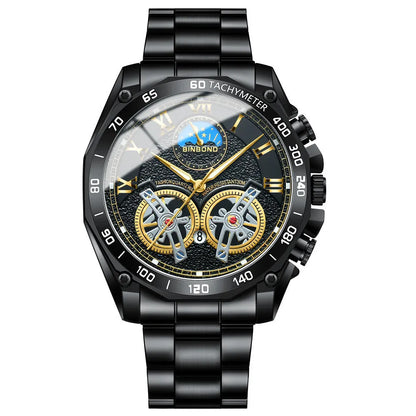Men's hollow mechanical watch 11mm thick with visible movement and choice of gold, black steel, or white steel finish
