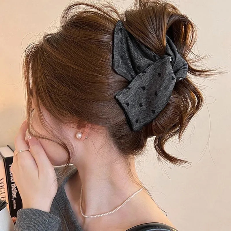 Women's handmade hair clip with denim fabric bow triangle decoration and plastic grip