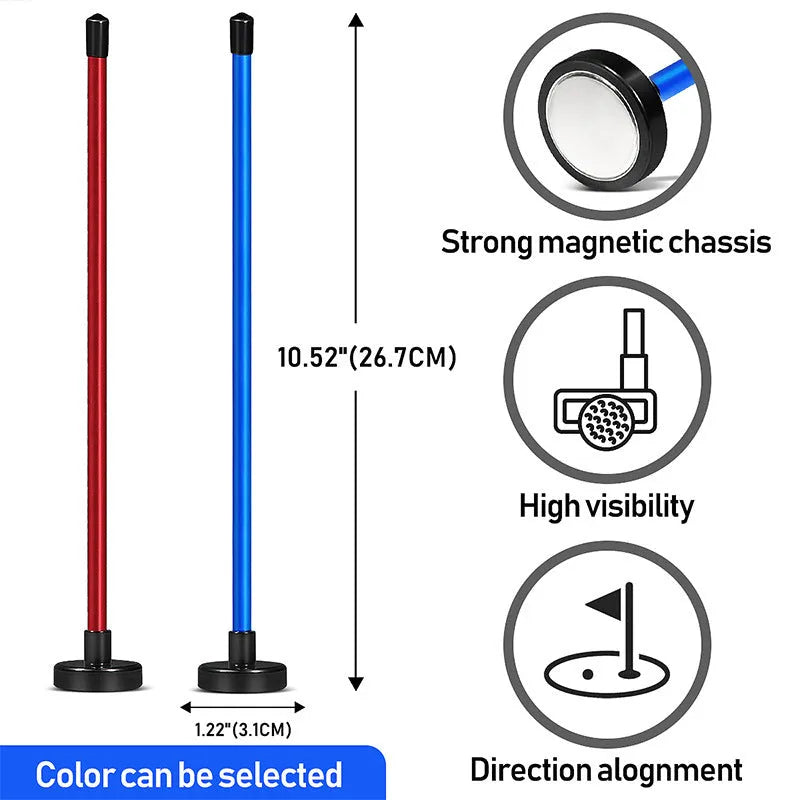 Red and blue aluminium alloy magnetic golf swing trainer bar attached to a golf club shaft.