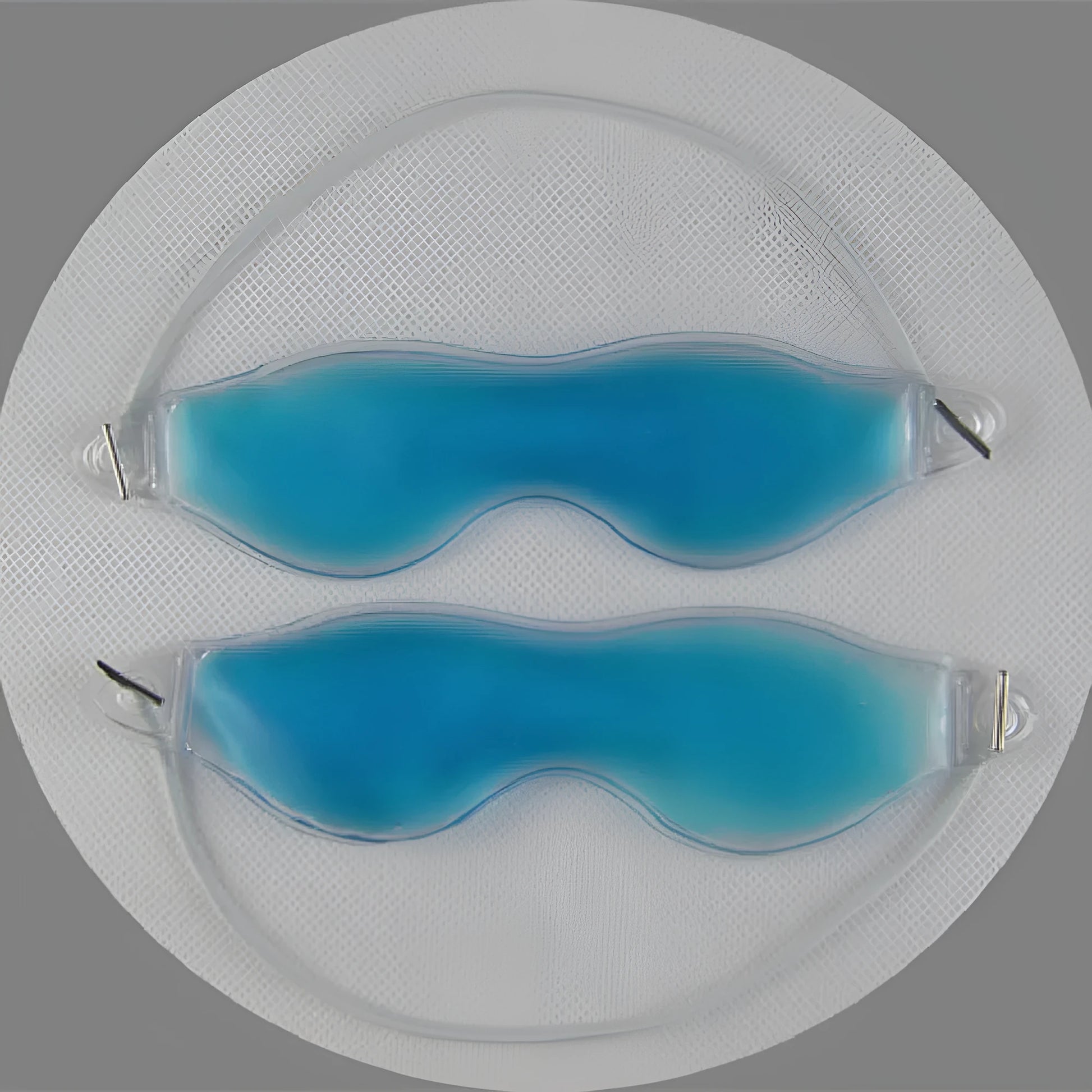 Blue reusable gel ice eye mask for cooling compress, measuring 16 by 5 cm.