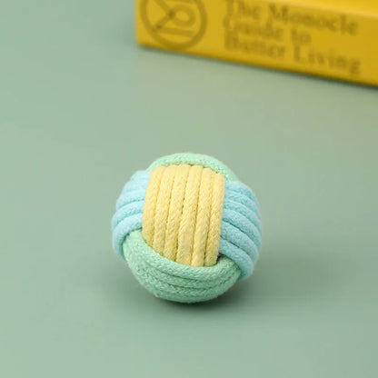 Handmade blue powder, green blue, and pink green plush cat toy ball with dental floss core for teeth grinding