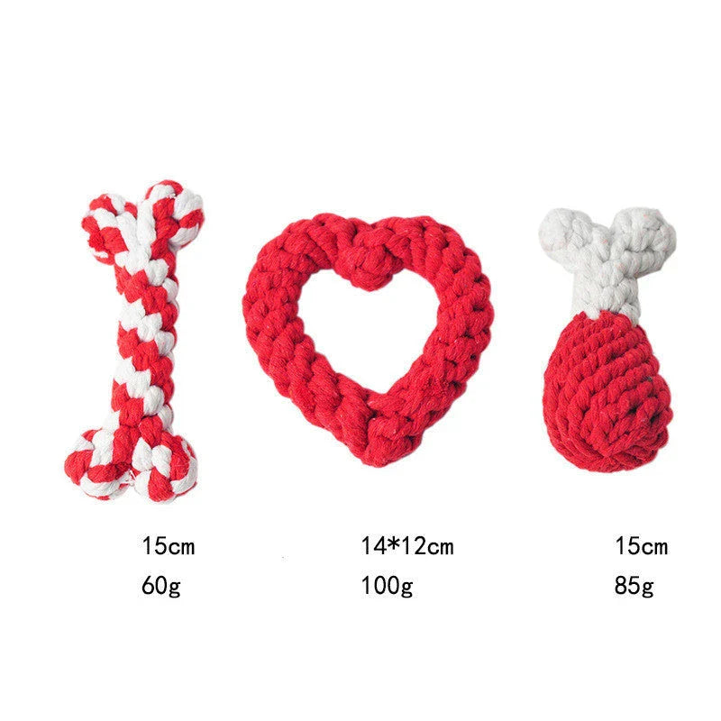 Premium cotton rope chew toys in various shapes and colors, including bones, hearts, and chicken thighs, designed for small dogs and puppies