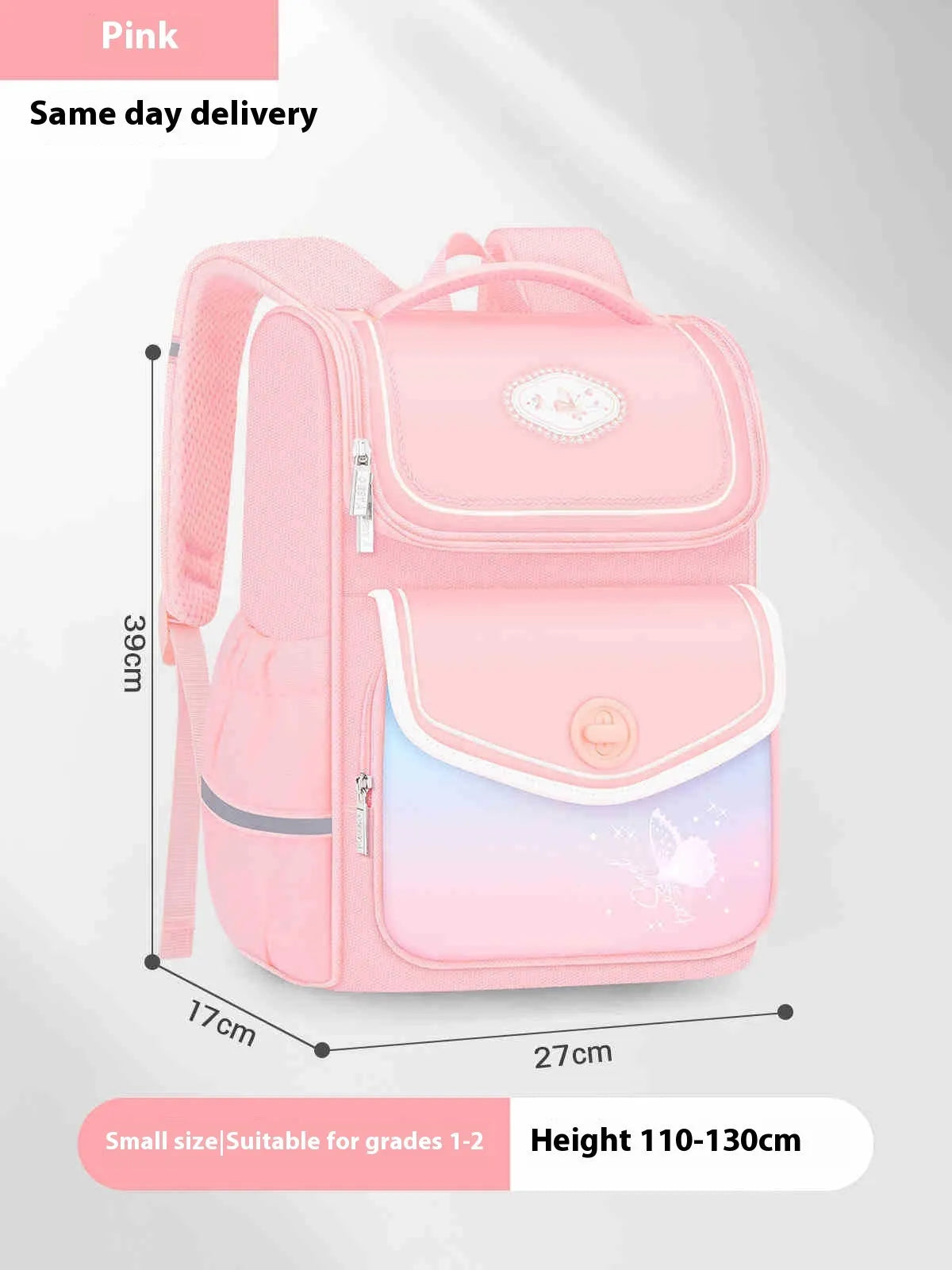 Pink girls school backpack with wide padded straps on a wooden bench, books and lunch bag inside.