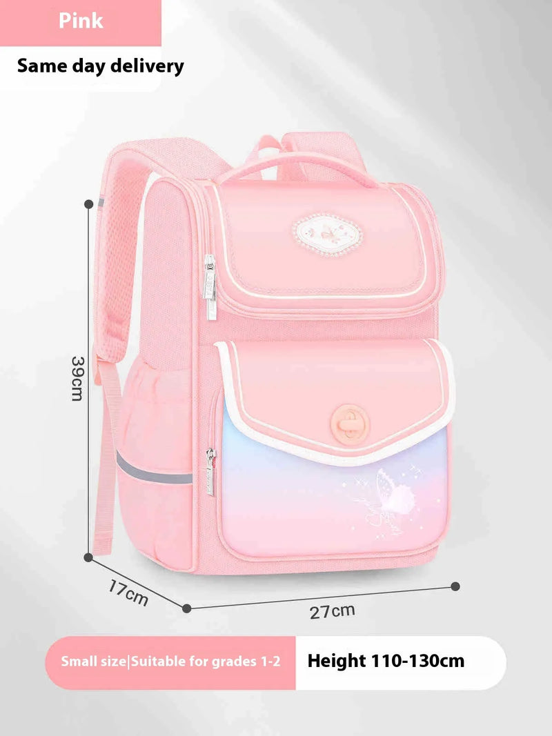 Primary school rucksack for girls with ergonomic S-shaped padded straps measuring 5cm wide and a spacious 30-litre main compartment for organising books and PE kits from years 1 to 6