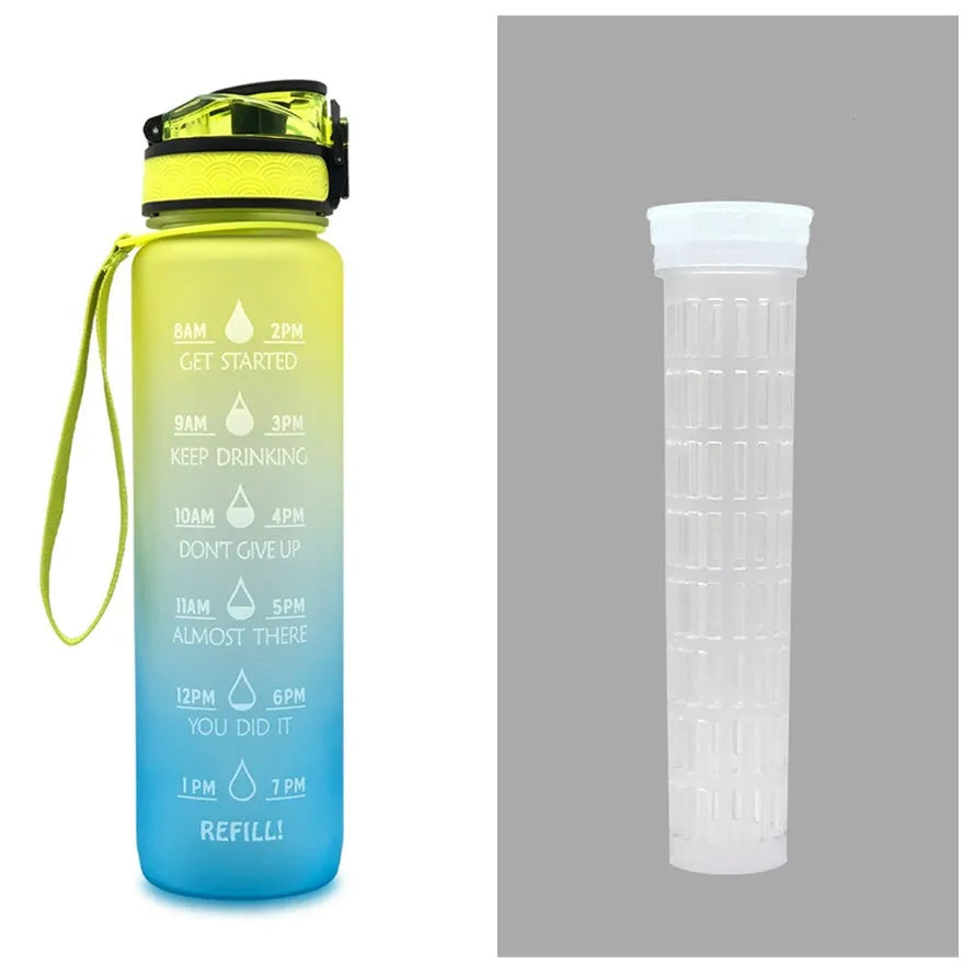 Blue and red gradient 1 litre Tritan sports water bottle with time markers and a flip-top lid.