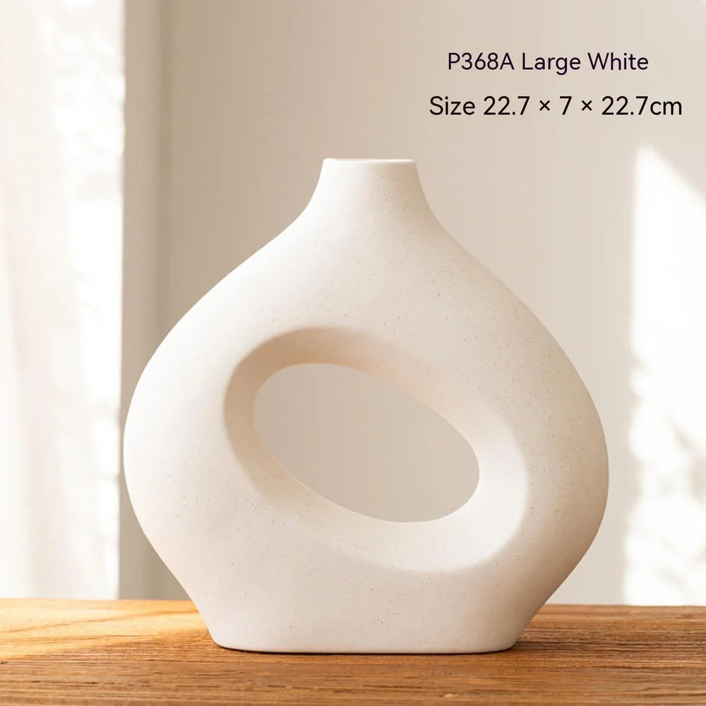 Handmade white medium ceramic circle vase second generation, 18.2cm height with polished glaze for modern decor