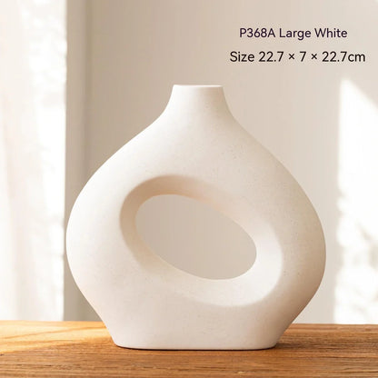 Handmade white medium ceramic circle vase second generation, 18.2cm height with polished glaze for modern decor