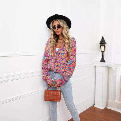 Rose Red rainbow dyed striped short cardigan knitted coat with loose fit on model.