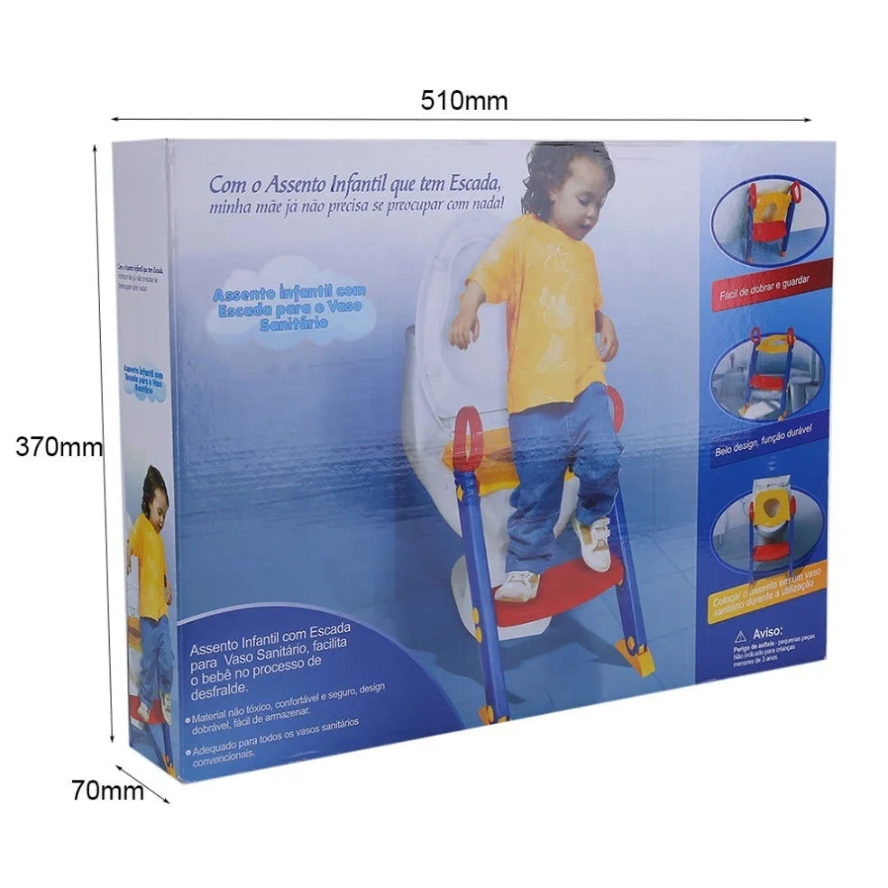 Purple, red and yellow adjustable potty training chair with ladder folded to 7cm thickness showing double handrails