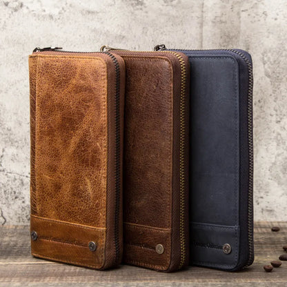 Men's brown genuine leather anti-theft wallet with zipper closure and card swiping function