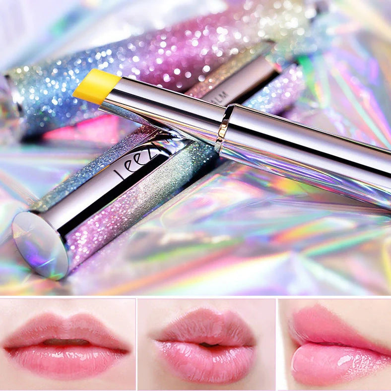 Rainbow Star colour changing lipstick tube showing honey shade transforming to pink on lips