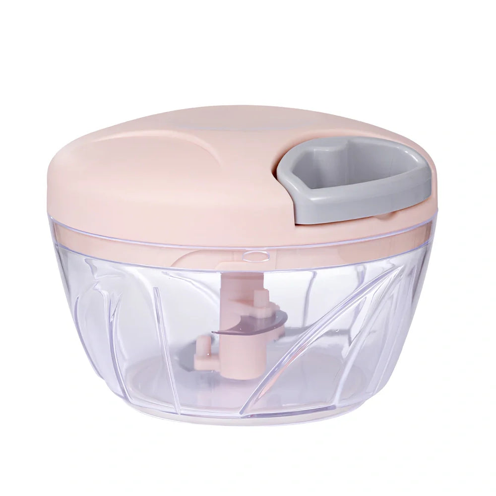 Manual garlic cutter with stainless steel blades in blue, green, or pink colours with transparent collection container