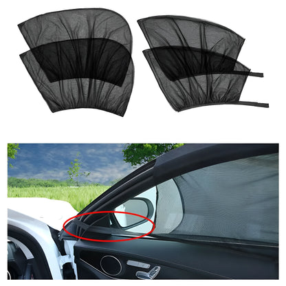 Elastic car side window sunshade made of grey mesh, stretched over a car window frame.