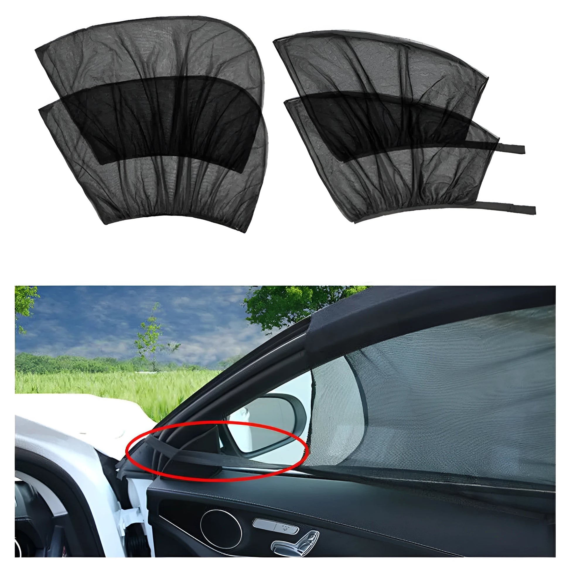 Elastic car side window sunshade made of grey non-woven mesh, stretched over a car window frame.