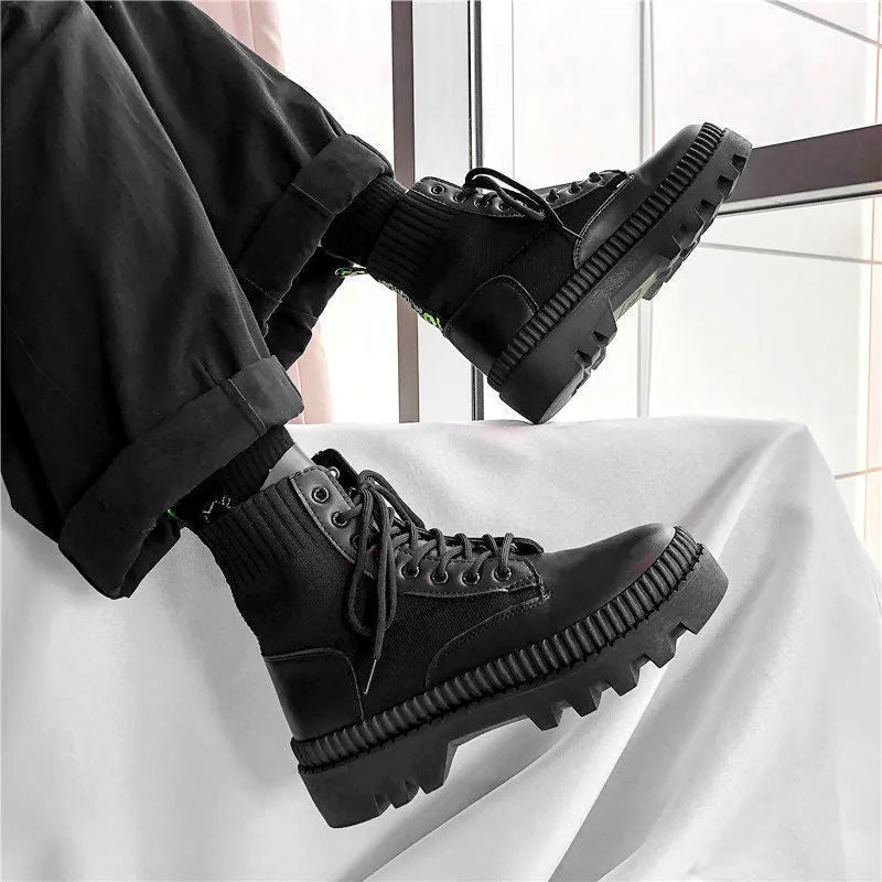 Men's black platform Doc Martens boots with rubber soles, cowhide frosted leather, high-top 8-hole design, and zipper closure.