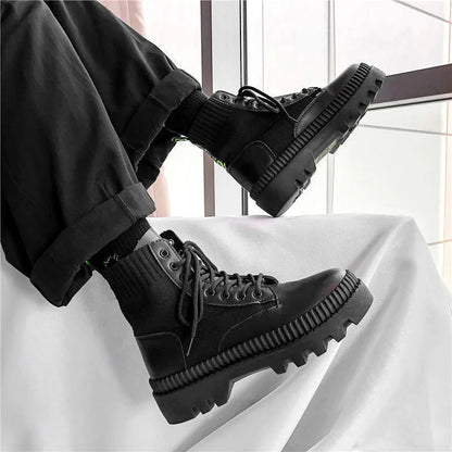 Men's black platform Doc Martens boots with rubber soles, cowhide frosted leather, high-top 8-hole design, and zipper closure.