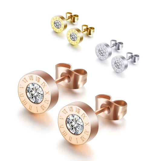 Elegant Roman numeral stud earrings crafted from premium titanium steel with sparkling zircon accents