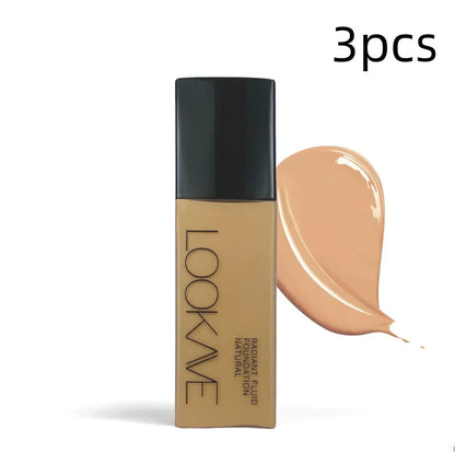 LOOKAVE Matte Liquid Foundation bottle showing 21c quantity with six colour shade options for waterproof coverage