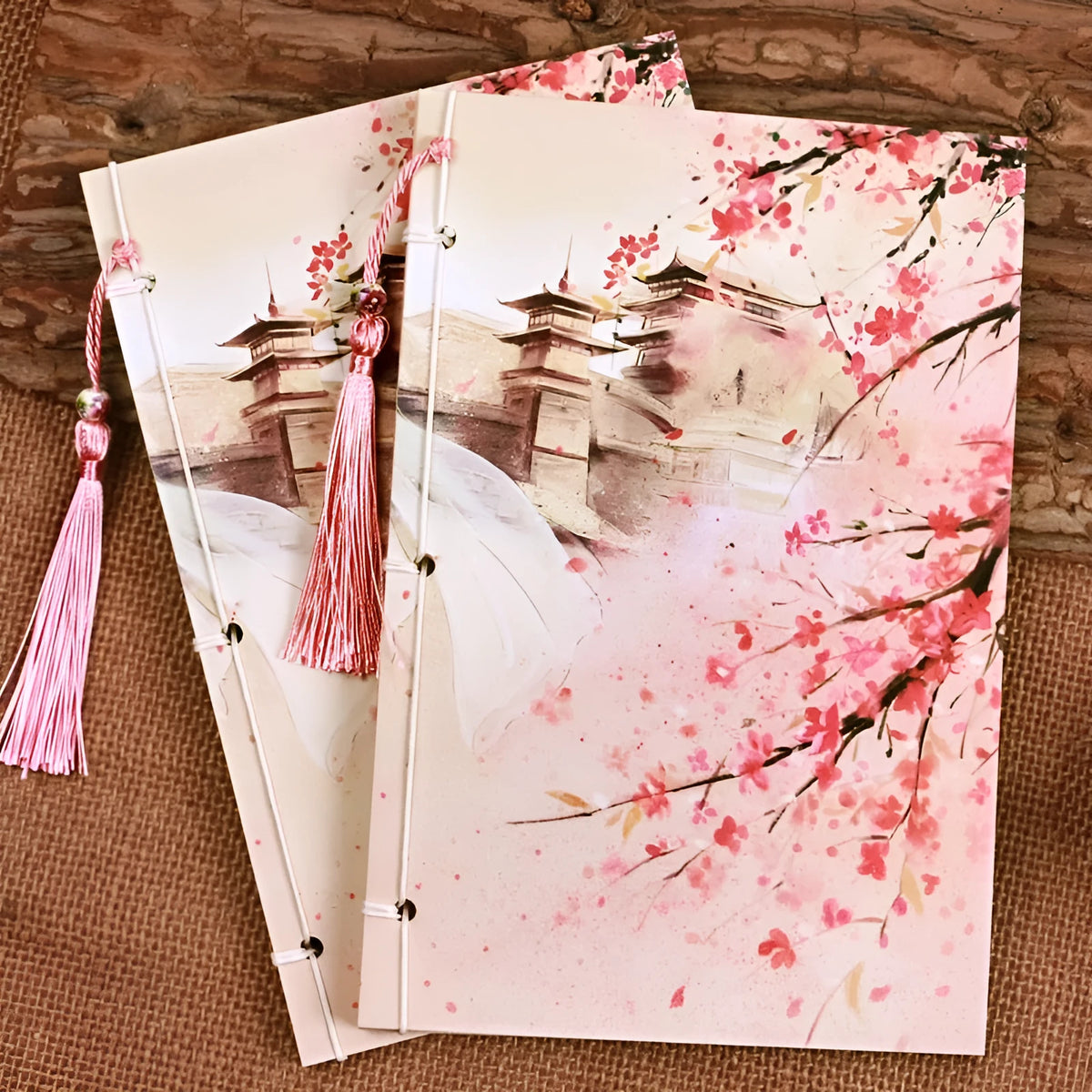 Watercolour retro Chinese line-bound notebook with ancient thread binding in Azalea colour