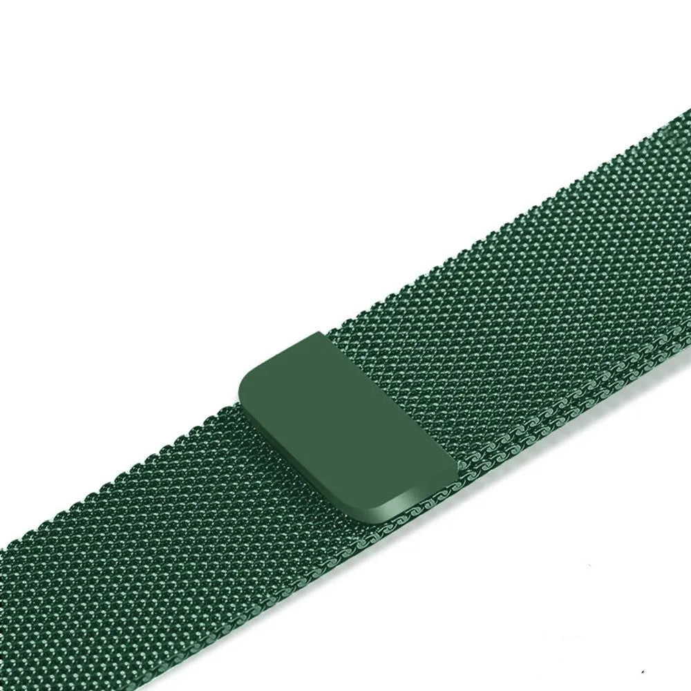 Stainless steel Apple Watch strap in silver on a wrist, showing the metal links and secure clasp.