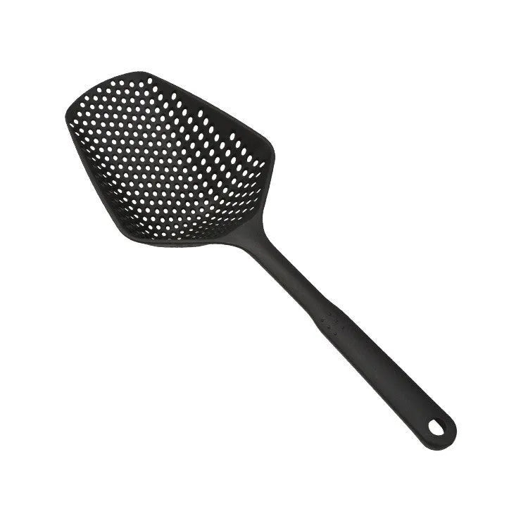 Large black nylon strainer scoop with long handle for draining food from hot pans in the kitchen.