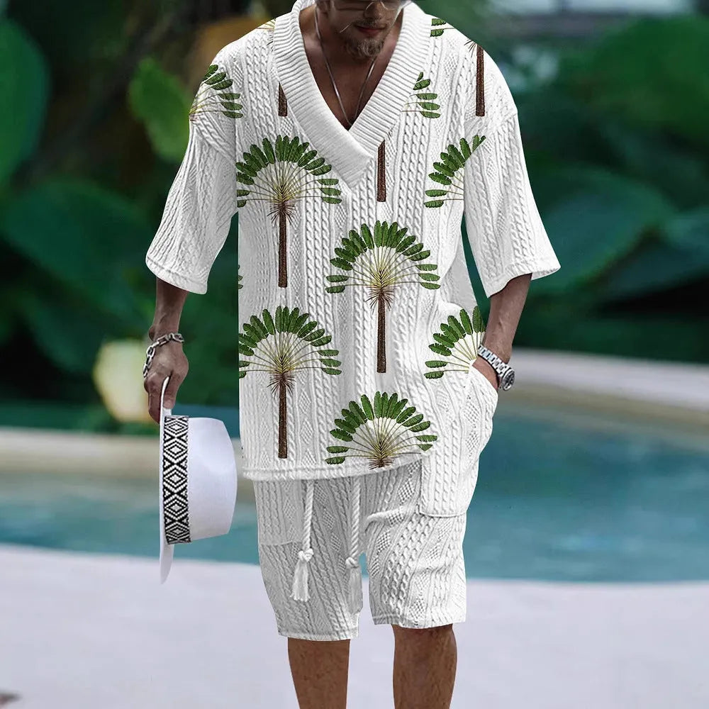Men's casual short sleeve polyester suit set with loose fit top and matching shorts