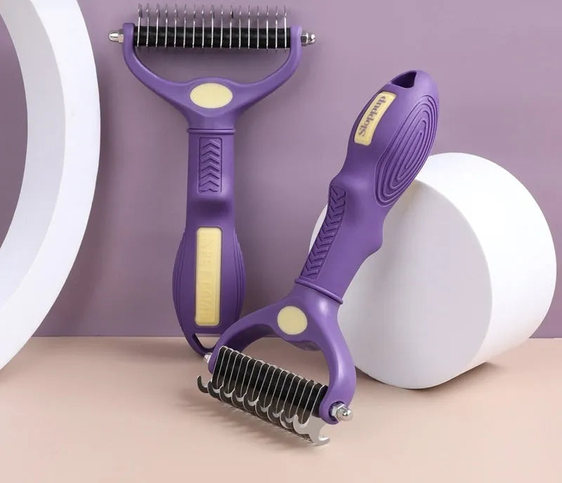 Purple double-sided pet comb for cats and dogs with knot untangling function