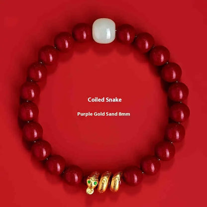 Handmade Chinese zodiac snake bracelet with genuine cinnabar beads in traditional design