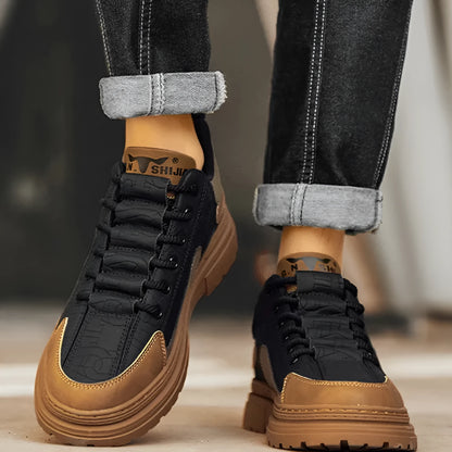 Black and white platform casual sneakers with thick rubber soles for height increase