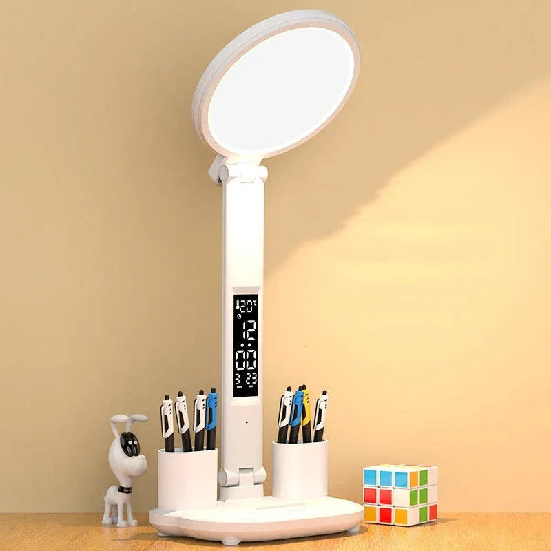 Multifunctional LED desk lamp with USB charging, adjustable brightness, and integrated fan for cooling and air circulation