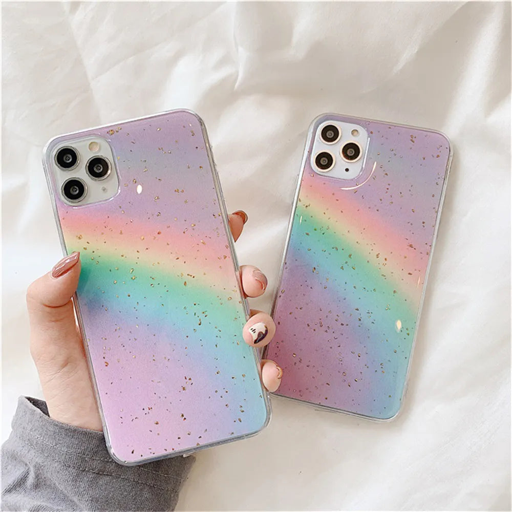 Rainbow gradient phone case with striped design elements on iPhone