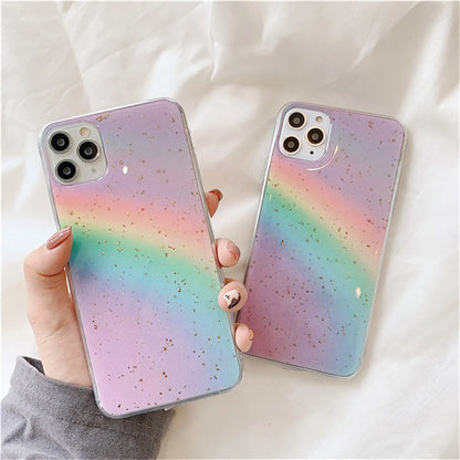 Rainbow gradient phone case with striped design elements on iPhone