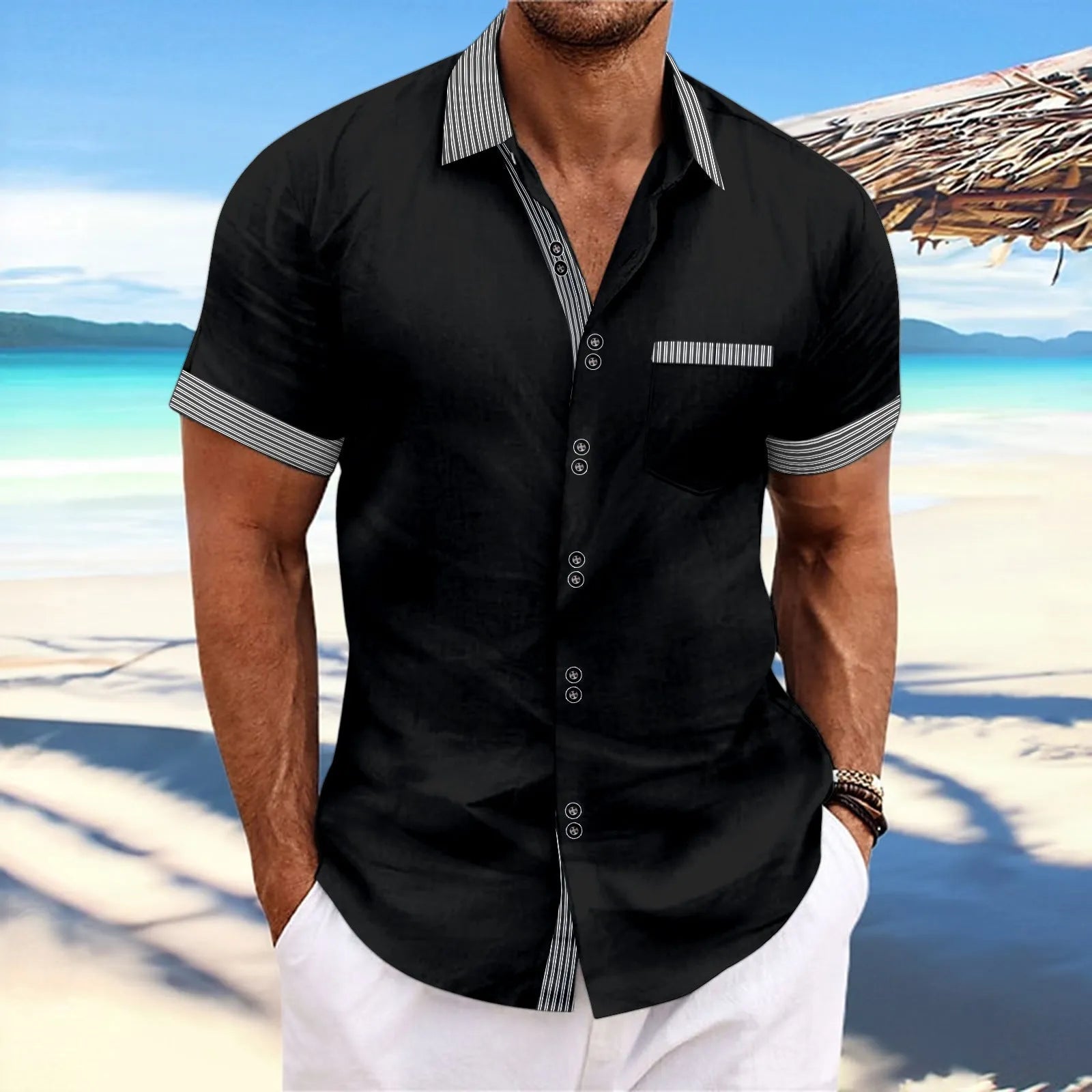 Men's slim fit striped casual shirt in pure cotton with double button short sleeves on a hanger