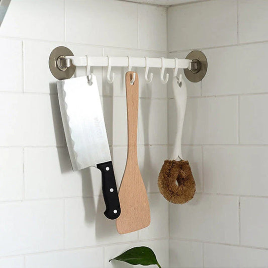 Sleek wall hook organizer with 6 movable hooks, made of durable PVC and ABS materials for easy, damage-free installation