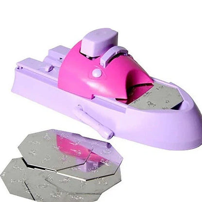 White plastic nail art stamping machine with six stainless steel pattern plates on wooden desk