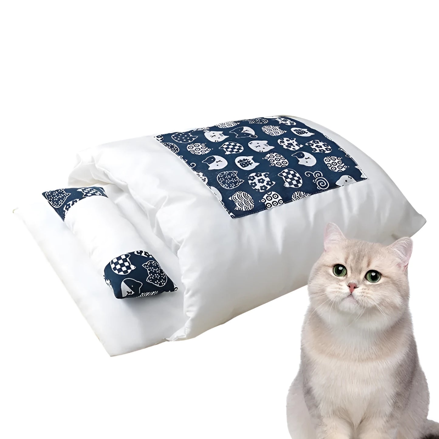Grey cat sleeping bag bed with removable fleece liner and pillow in four sizes for cats and small dogs.