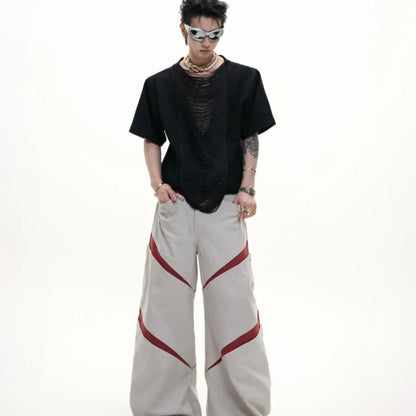 Man's black loose fit t-shirt with a hollow out V-neck design and short sleeves.