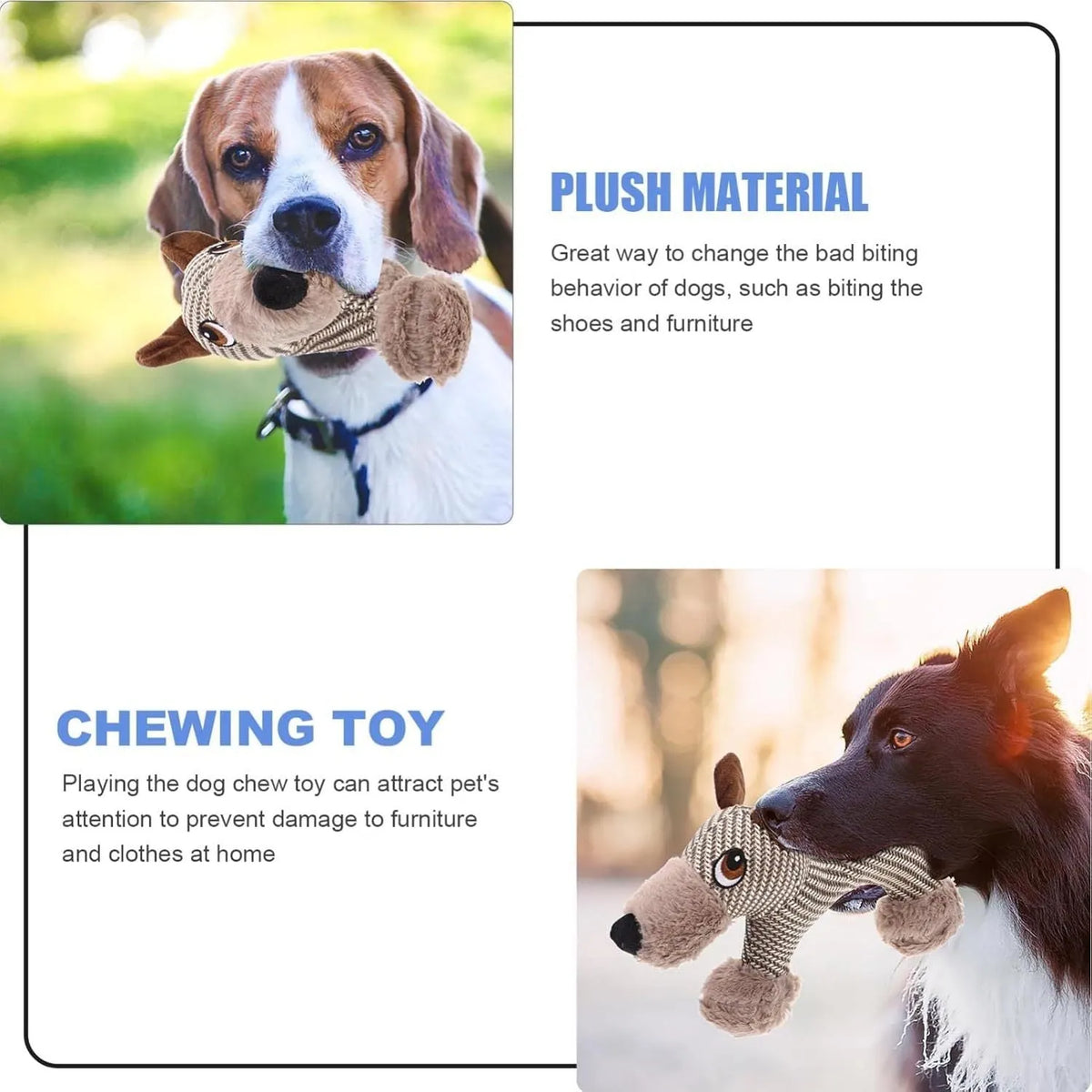 Plush squeaky dog toy in monkey or puppy design for medium large dogs