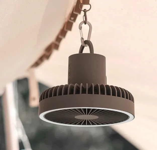 White camping fan mounted on aluminum tripod with Type-C charging cable