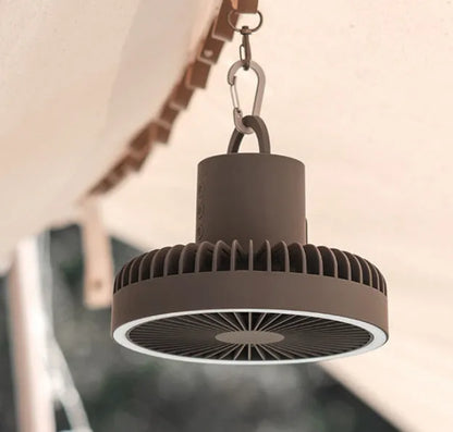 White camping fan mounted on aluminum tripod with Type-C charging cable