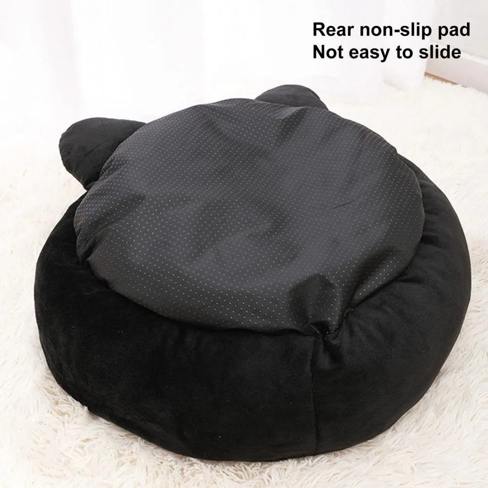 Black cat shaped velvet pet nest bed with raised edges for cats