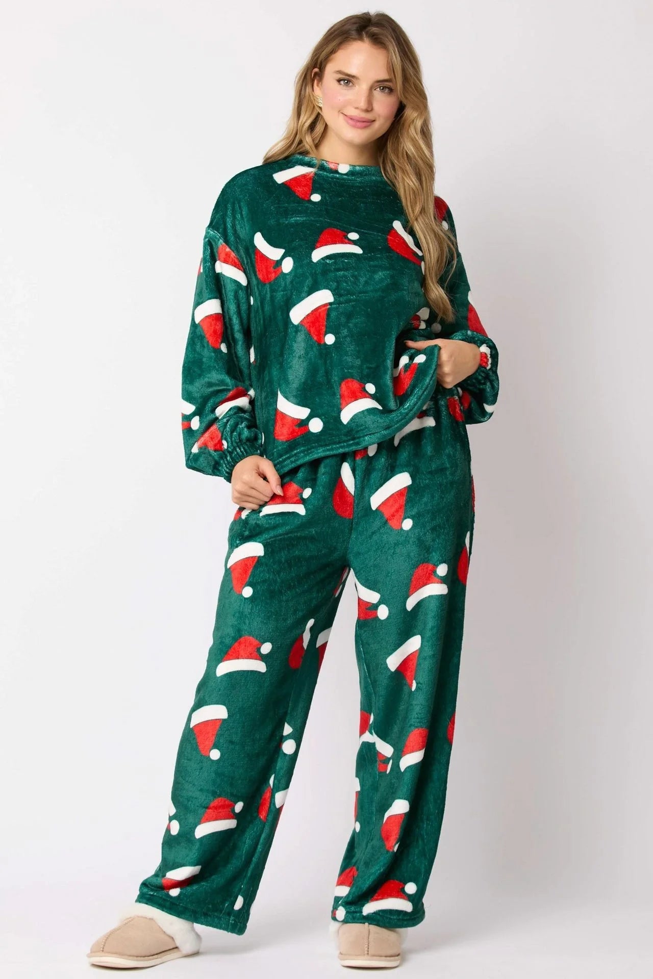 2024 women's flannel pajama set with Santa Claus design and long sleeves
