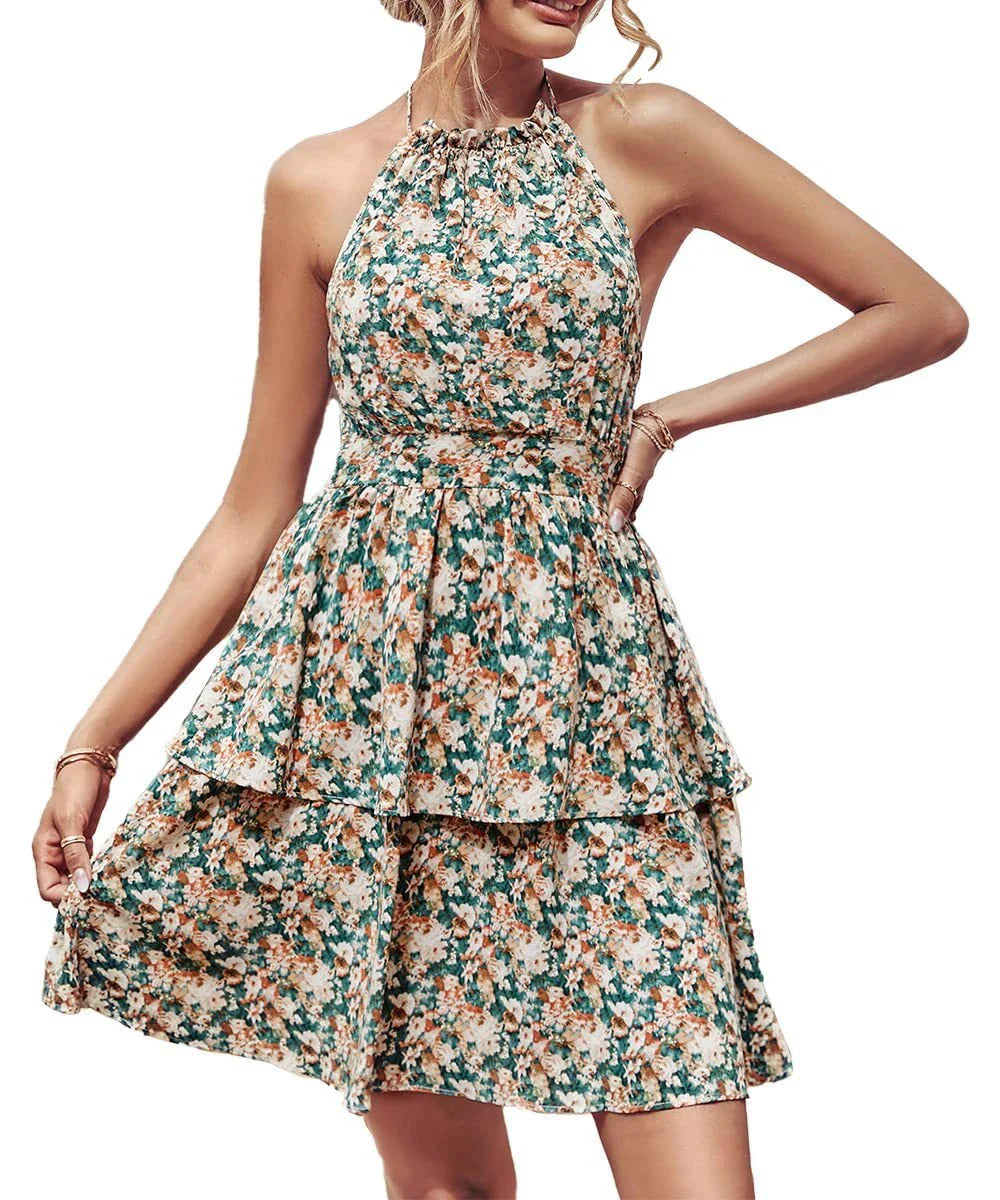 Chic backless halter dress with ruffled A-line skirt in various vibrant colors