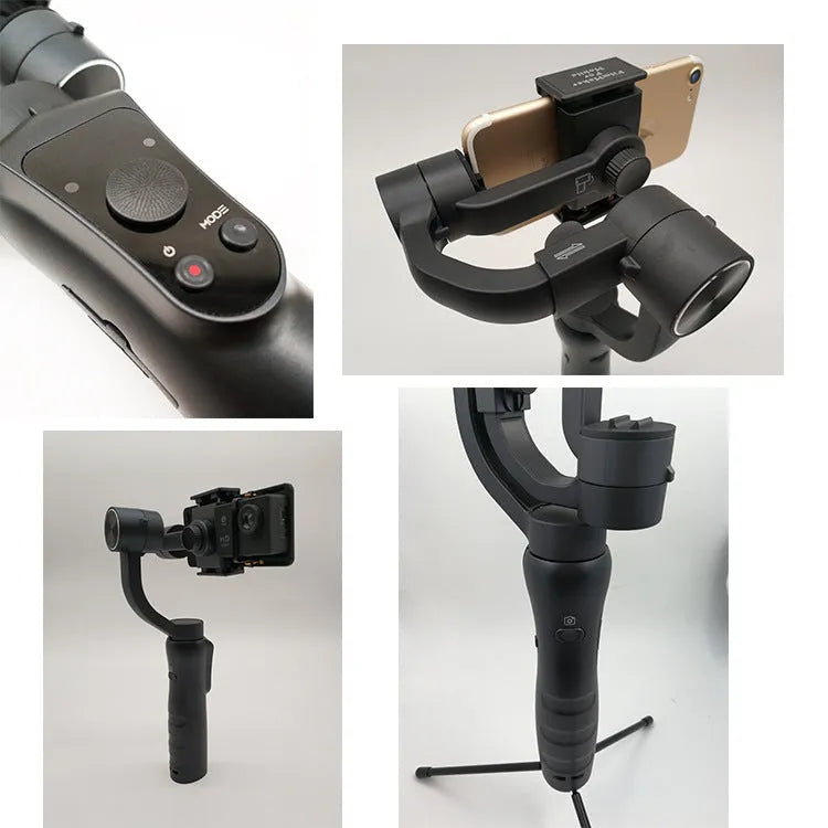 Black 3-axis handheld smartphone gimbal stabilizer on a table.