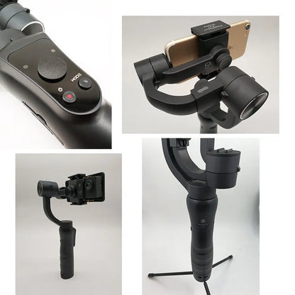 Black 3-axis handheld smartphone gimbal stabilizer on a table.