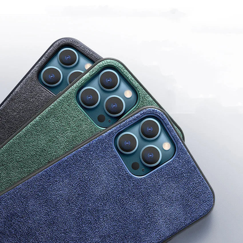 Suede iPhone case in dark blue colour showing full-cover protection design