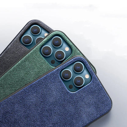 Suede iPhone case in dark blue colour showing full-cover protection design