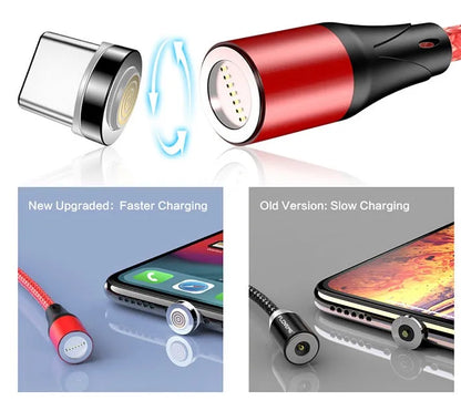 Black magnetic fast charge cable with LED light and three interchangeable tips for iPhone, Android, and Type-C connectors