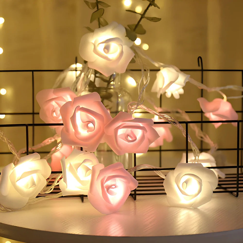LED rose light string with 20 white and pink flowers on 3-metre wire for romantic decoration