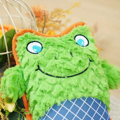Blue, green, and pink stuffed plush dog toys with squeakers for bite-resistant chewing.
